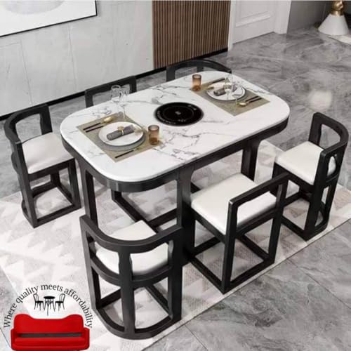 Image of Space Saving Modern Marble Design Dining Table Set with Light Weight 6 Chairs, Black Wood Frame, Cushioned Seats, 155 x 80 x 80 cm
