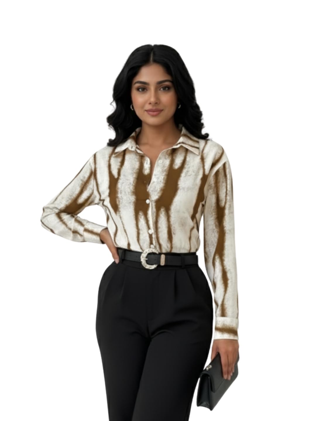 NAINVISH Camisa de satén de moda para mujer, elegante estampado con botones, informal, holgada, manga larga, para oficina o niña
