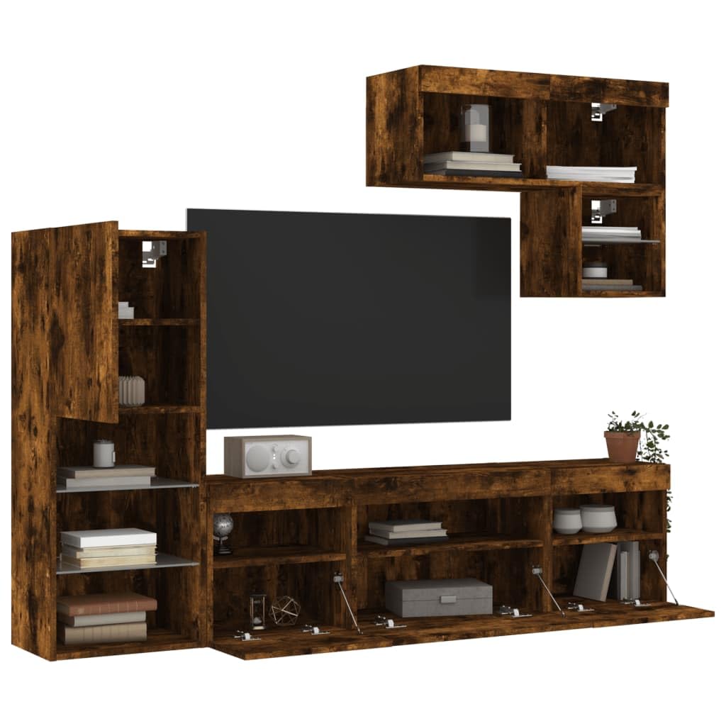 Juego de 6 muebles de pared para TV, madera de roble ahumado, con iluminación LED RGB, montaje en pared, ofrece un amplio espacio de almacenamiento para libros y medios, versátil como pared de
