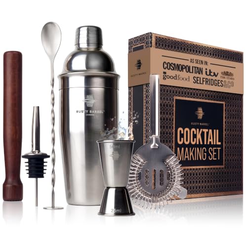 Rusty Barrel Cocktail Making Kit - Beautifully Presented Cocktail Shaker Set - Premium Cocktail Set with Cocktail Shaker and Bar Accessories for Home Pub - Cocktail Gift Set in a Beautiful Gift Box