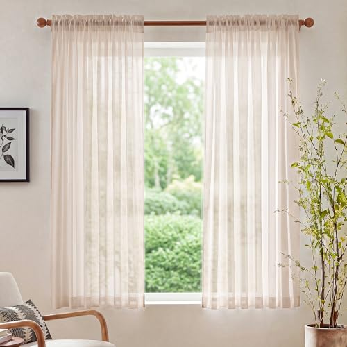 Image of NICETOWN Taupe Sheer Curtains for Kids Room, W42xL63, 2 Panels | Rod Pocket Lightweight Drapes Voile Sheer Air & Breathable Home Decor Window Treatments for Bedroom