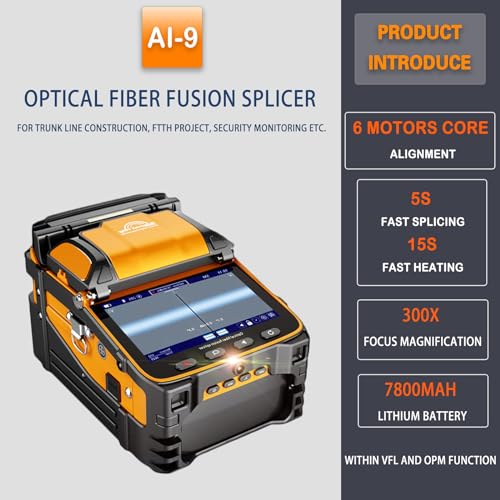 Image of AI-9 Fiber Optic Fusion Splicer - Six Motor Core Alignment - Fully Automatic FTTH Splicer - 5S Heating, 15S Splicing (7800mA)