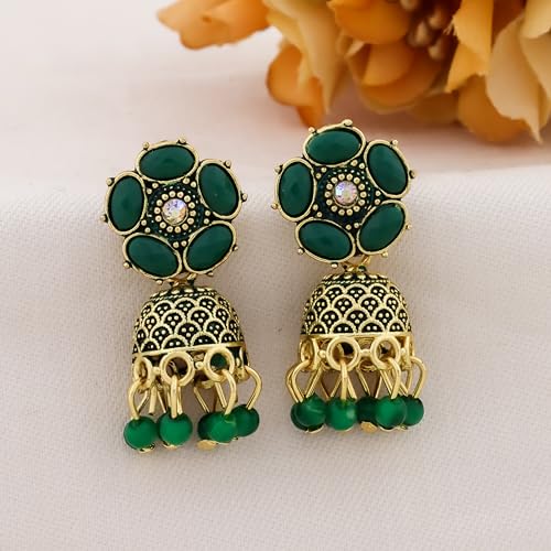Image of Traditional Jhumka meenakari oxidised kundans flower Jhumka Earrings, Floral Design with Beaded Danglers, Multiple Colours Available