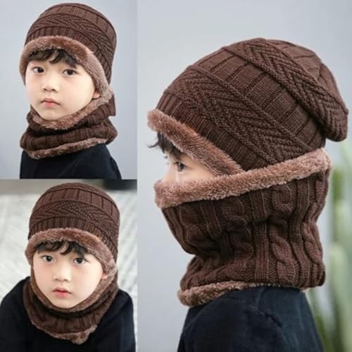 Image of Woolen Winter Cap with Neck Scarf for Boys and Girls /Kids Winter Cap (Age 5-14 Years)