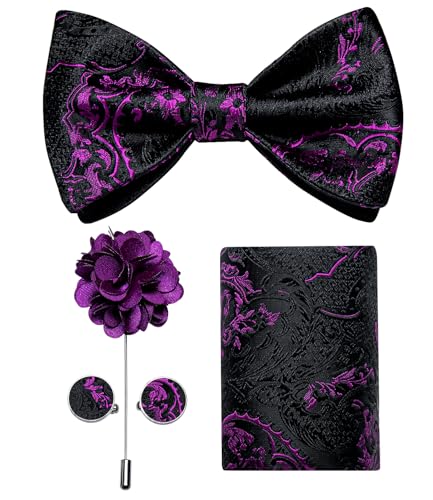 Image of DiBanGu Paisley Bow Ties for Men Silk Self Tied Bowtie and Pocket Square Cufflinks with Lapel Pin for Wedding Party