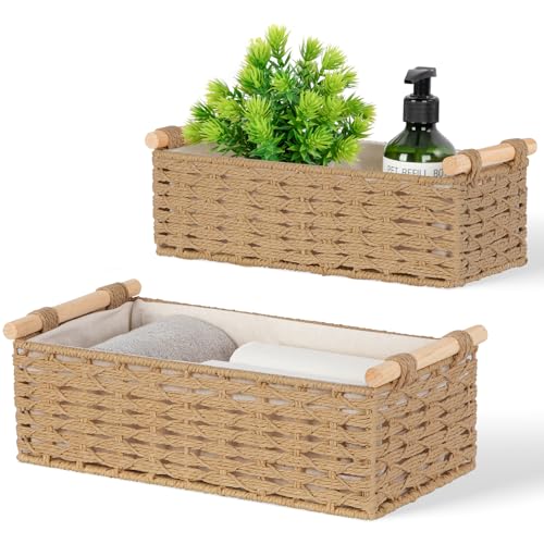 Aevcvok Panier de Rangement Salle de Bain, Lot de 2 Panier Rangement avec Doublure, Paniers pour Etagères Corbeille Rangement, Bohême Panier Osier Empilable pour Salle de Bain, Salon (Jute)