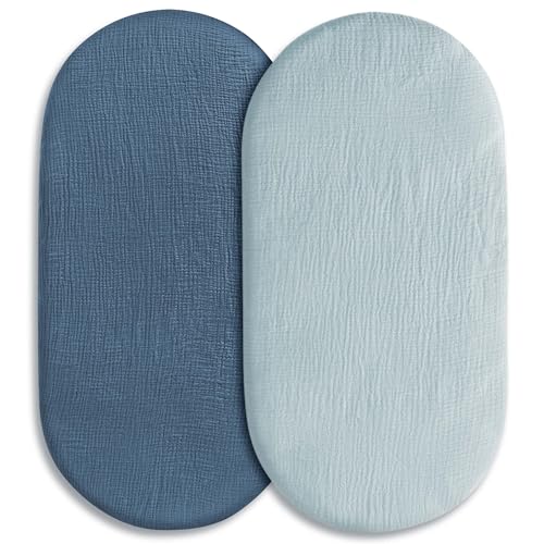 Image of Muslin Bassinet Fitted Sheets, 2 Pack for Baby Boy and Girl, Soft Breathable Stretchy Baby Pad/Mattress Sheet Set, Universal Fit for Hourglass Oval and Rectangle Bassinet Mattress (Bright Colors)