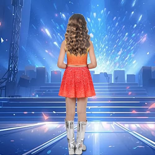 Image of Sunny Fashion Girls 2 Piece Top Tank Gradient Orange Skirt Sparkle Show Music