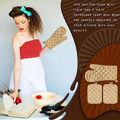 Lobyn Value Packs Heavy Duty 100% Cotton Quilted Beige Oven Mitt & 2 Potholders Set Tan Premium Heavy Cotton 3-Piece Oven Mitt Set W/ 2 Potholders thumb #5