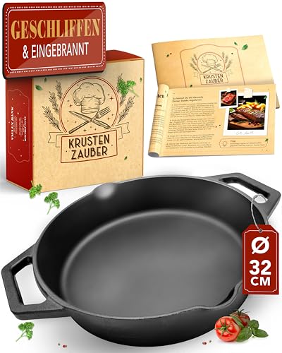 KRUSTENZAUBER Gusseisenpfanne Induktion 32cm Doppelgriff - inkl. Anleitung und Rezeptbuch - Geschliffene Pfanne Gusseisen, Eisenpfanne, Cast Iron Pan, Gusspfanne, Gusseiserne Pfanne, Gusseisen-Pfanne