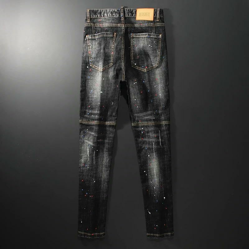 Street Men Jeans Retro Slim Fit Ripped Mens Pocket Trousers Spliced Hip Hop Vintage Denim Pants3