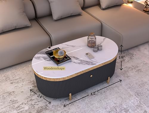 Image of Premium Marble-Top Center Table with One Storage Door and PVD Coated lron Legs and Coffee Table with Oval Design for Living Room and Entryway [ Modern coffee table ] ,42x24x18 Inch, (Black)
