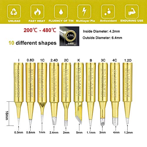 10pcs Titanium Coating Soldering Iron Tips 900M-T Lead-free Solder Tip for HAKKO 936,937,907 Atten, Quick, Aoyue, Yihua,Vastar,Sywon,Tabiger,SOAIY and X-Tronic Soldering Station