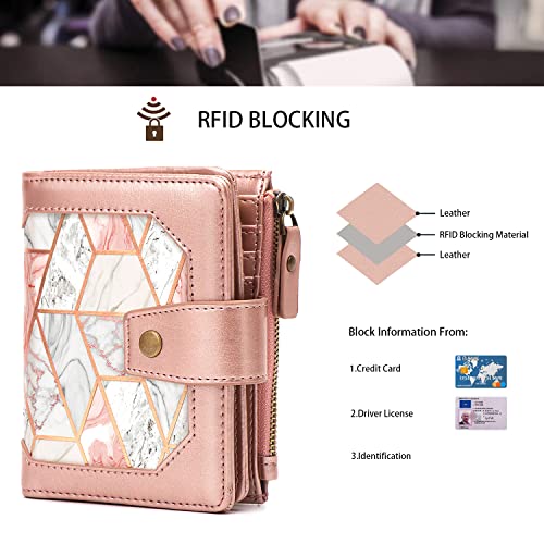 Image of Women's RFID Blocking Wallet Leather Small Compact Bi-fold Zipper Pocket Wallet Card Case Purse,Gold Pink Marble