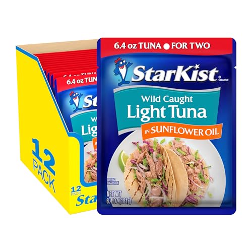 Image of StarKist Chunk Light Tuna in Sunflower Oil, 6.4 Oz, Pack of 12 | 19g Protein Per Serving, Ready to Eat, Shelf Stable Seafood, Gluten Free, Soy Free, No Draining for Salads, Sandwiches