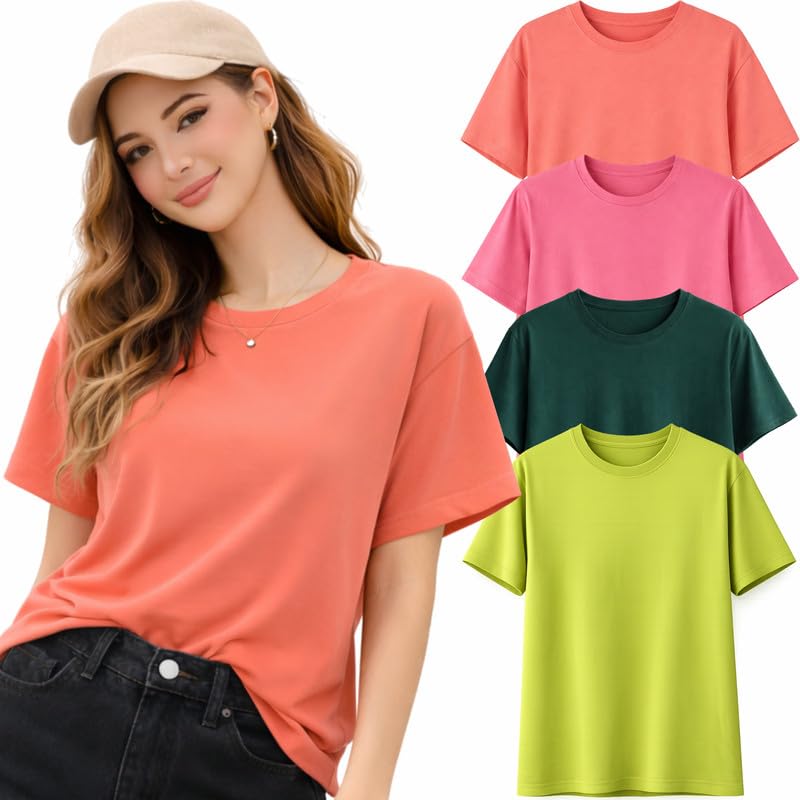 Image of London Hills Tshirt for Woman | T Shirt for Woman Cotton Casual Tops | Tshirts Shirts for Women Round Neck Short Sleeve | Women Tees Everyday Wear Basic T Shirts for Womans (Pack of 4)