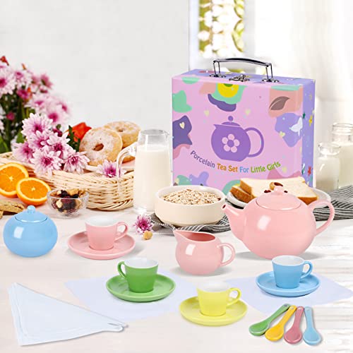 Porcelain Tea Party Set For Little Girls, 22 Pcs Princess Tea Time Toy Including Teapot,Saucers,Teacups,Sugar Bowl,Creamer Pitcher,Spoons & Tablecloth, Kids Kitchen Pretend Play For Girls Boys #TOP1