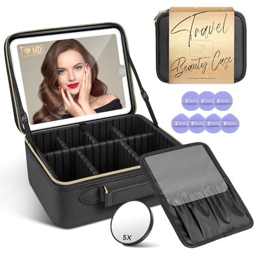 JUSRON-Travel-Makeup-Bag-With-LED-MirrorTrain-Case-with-Light-up-Mirror-Portable-Makeup-Artist-Organizer-Bag-with-Adjustable-Dividers-Makeup-Brush-Holder-StorageBlack-Large