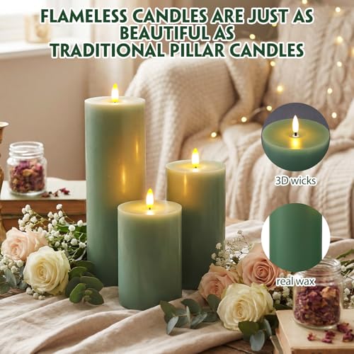 Image of Retisee 3 Pcs Sage Green 6 /8 /12 Inches Flameless LED Candles with Remote and 2 /4 /8h Timer Battery Operated Wax Electric Flickering Pillar Candles for Spring Weddings, Garden Parties Decor