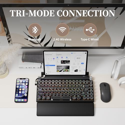 Image of 7KEYS Typewriter Keyboard Wireless Retro Style, Vintage Classical Mechanical Keyboard with Bluetooth for IPAD PC /Laptop Mac /Phone (Black+Wrist)
