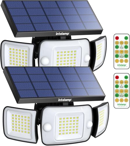 INTELAMP Luce Solare LED Esterno, 108LED Faretto LED da Esterno con Sensore di Movimento, 6000mAh Lampada Solare da Esterno 6500K, 4 Modalità Luci Solari Esterno per Giardino (Luce Bianca – 2 Pezzo)