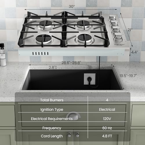 COSTWAY 30-inch Stainless Steel Gas Cooktop, 4 Burner Gas Stove Top with ABS Knobs and Cast Iron Grates, NG/LP G Convertible Range Top with Sealed Burners, Easy to Clean, Silver