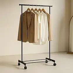 Arara de Roupas Móvel com Rodízios, Altura Ajustável, Metal Preto, Organizador para Vestuário (Preto)