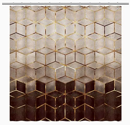 BIYSUC Ombre Brown Marble Shower Curtain Abstract Geometric Grid Cubic Gold Lines Modern Bathroom Home Decor Waterproof Polyester Fabric 72Lx72W Inch Thickening Type Weight 0.97lb,Plastic Hooks