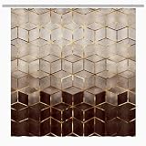 BIYSUC Ombre Brown Marble Shower Curtain Abstract Geometric Grid Cubic Gold Lines Modern Bathroom Ho