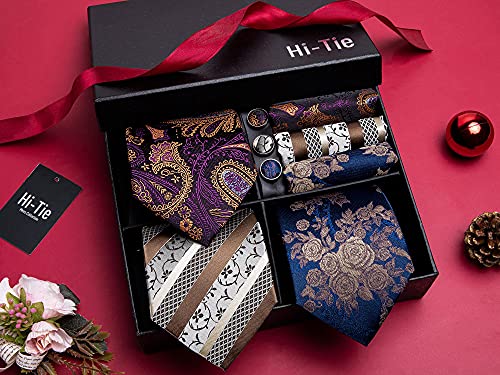 Image of Hi-Tie 3 Pcs Gift Box Mens Tie Set Necktie with Pocket Square Cufflinks Lapel Pin Silk Neck Tie Collection