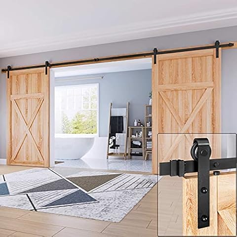EaseLife 16 FT Double Sliding Barn Door Hardware Track Kit,Carbon Steel,Black Powder Coating,J Shape Hanger(16FT Double Door Kit) Cover