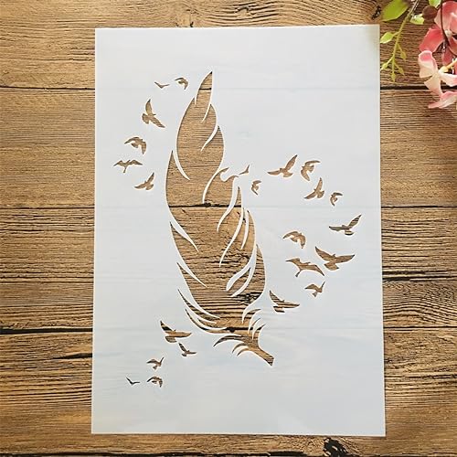 FOSANGPUSHI Pochoirs réutilisables pour peinture, format A4, 29 x 21 cm, grandes plumes et oiseaux, pochoirs de superposition pour peinture sur bois, toile,...