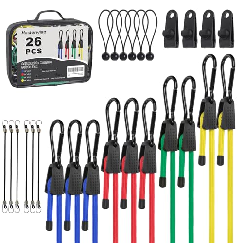 Masterwise Adjustable Bungee Cords Set, Bungee Cords with Hooks, Elastic Cord with Tarp Balls, Tarp Clips, and Small Bungee Straps for Tent, Bike, Trucks, Cargo (26, 6”+10'+12”+24”+36”+48”)