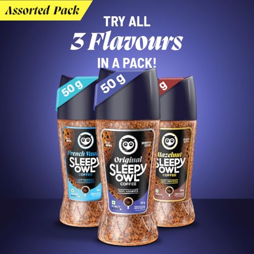Image of Sleepy Owl Instant Coffee Powder Assorted Trial Pack of 3 Jars, 3 Flavours - Hazelnut, French Vanilla, Original, 100% Arabica Coffee Gift Hamper, Freeze-Dried for Freshness, Ready in Seconds, Have it Hot or Cold, Makes 75 Cups, 50g x 3 Jars Trial Coffee Combo Pack