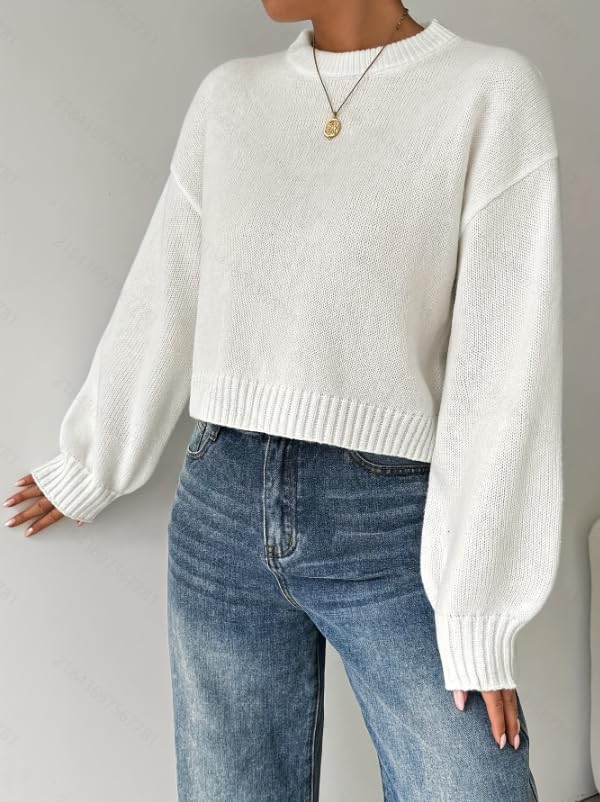 Cropped Knit Sweater, White, Balloon Long Sleeves, Crew Neck, Ribbed Trim2