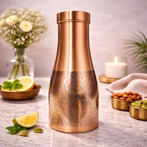 Image of JAIPUR ACE Premium Pure Copper Water Bottle Designer Engraved Leak Proof Ayurvedic Drinking Bottle for Health Benefits Stylish Kitchen Office Use Ideal Gift for Weddings and Occasions(Royal Etching)