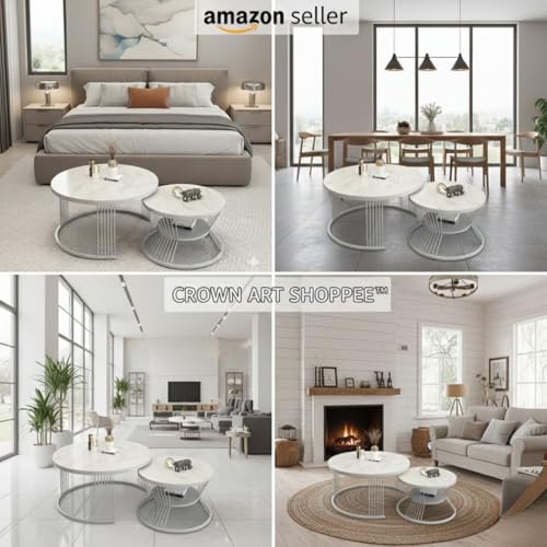Image of The Round Coffee Table and The Stacking Tea Table with a Gold Metal Frame are Two Versatile Modern Center Tables that Look Great in Living Rooms (Grey White)