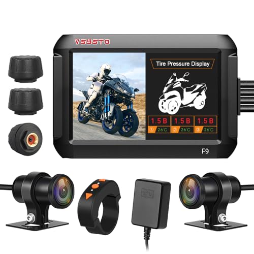 VSYSTO WiFi Motorcycle Dash Camera, 3 Tire Pressure Sensors, Parking Monitoring, Waterproof GPS 4\'\' Screen 1080P 150Â° Wide Angle Front and Rear Cam Positive/Reversed Three Wheeled Motorbike DVR System