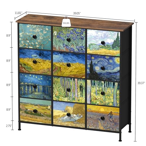 Image of EXOTICA Dresser for Bedroom with 12 Drawers Tall Dresser & Chest of Drawers Fabric Dressers Storage Tower for Living Room Closet Hallway with Wooden Top and Metal Frame