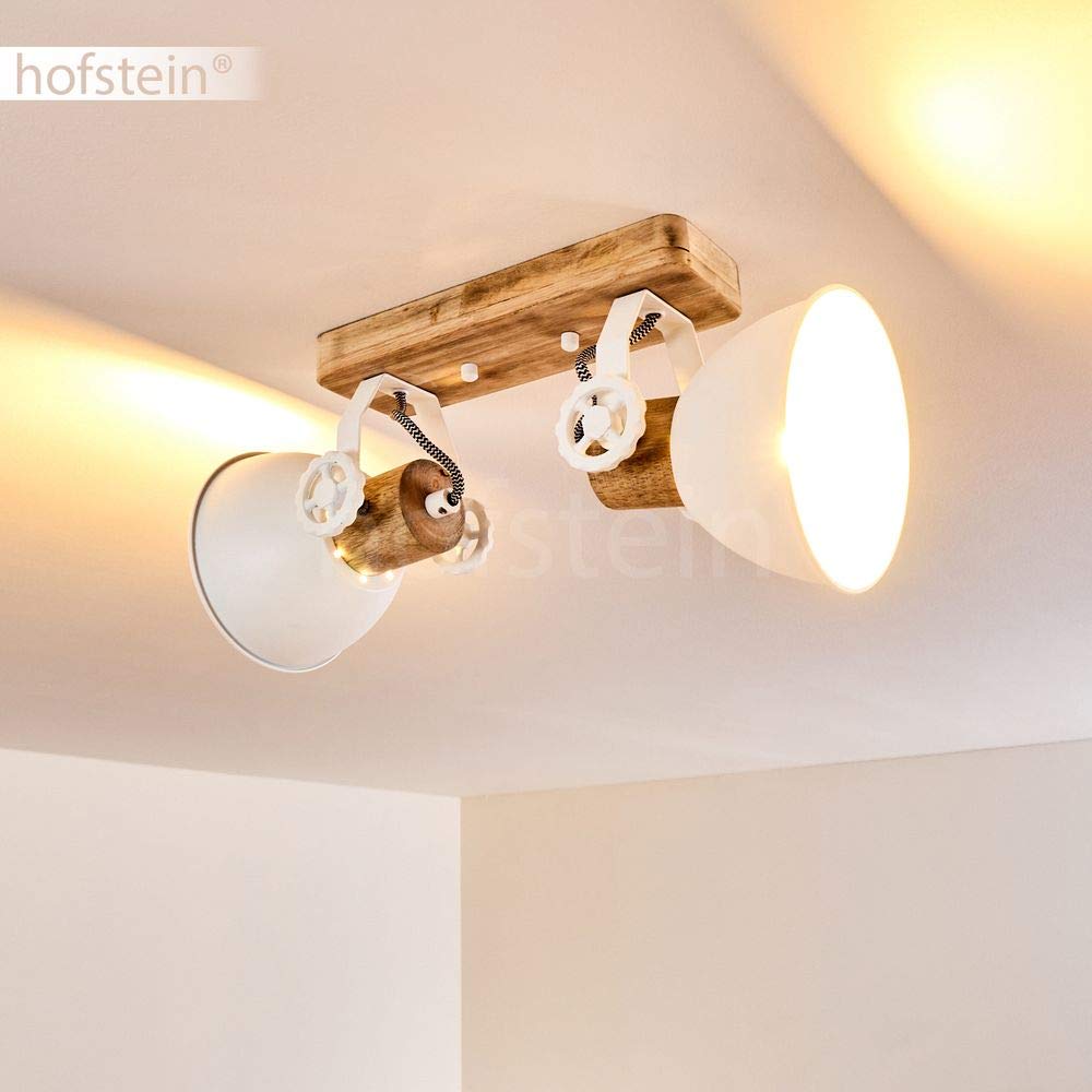Plafoniera Orny, 2 luci, con faretti orientabili, plafoniera in metallo/legno in bianco/marrone, 2 x attacco E27, faretto dal design retro/vintage,senza lampadina/e