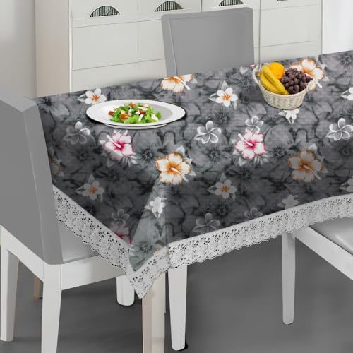 Image of The Furnishing Tree Waterproof PVC Rectangle Shaped 8 Seater Table Cover WxL 60x108 inches Floral Pattern Multi Grey with White Border lace