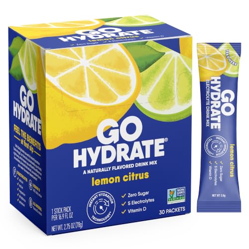Image of GoHydrate Instant Hydration Powder Packets - Low Sodium Electrolytes Drink Mix - Natural Hydration Support, Sugar Free Electrolyte Flavored Powder Drink with Vitamin D, 30 Packs, Lemon Citrus | Instant hydration daily drink mix; water flavor packet singles with Vitamin D