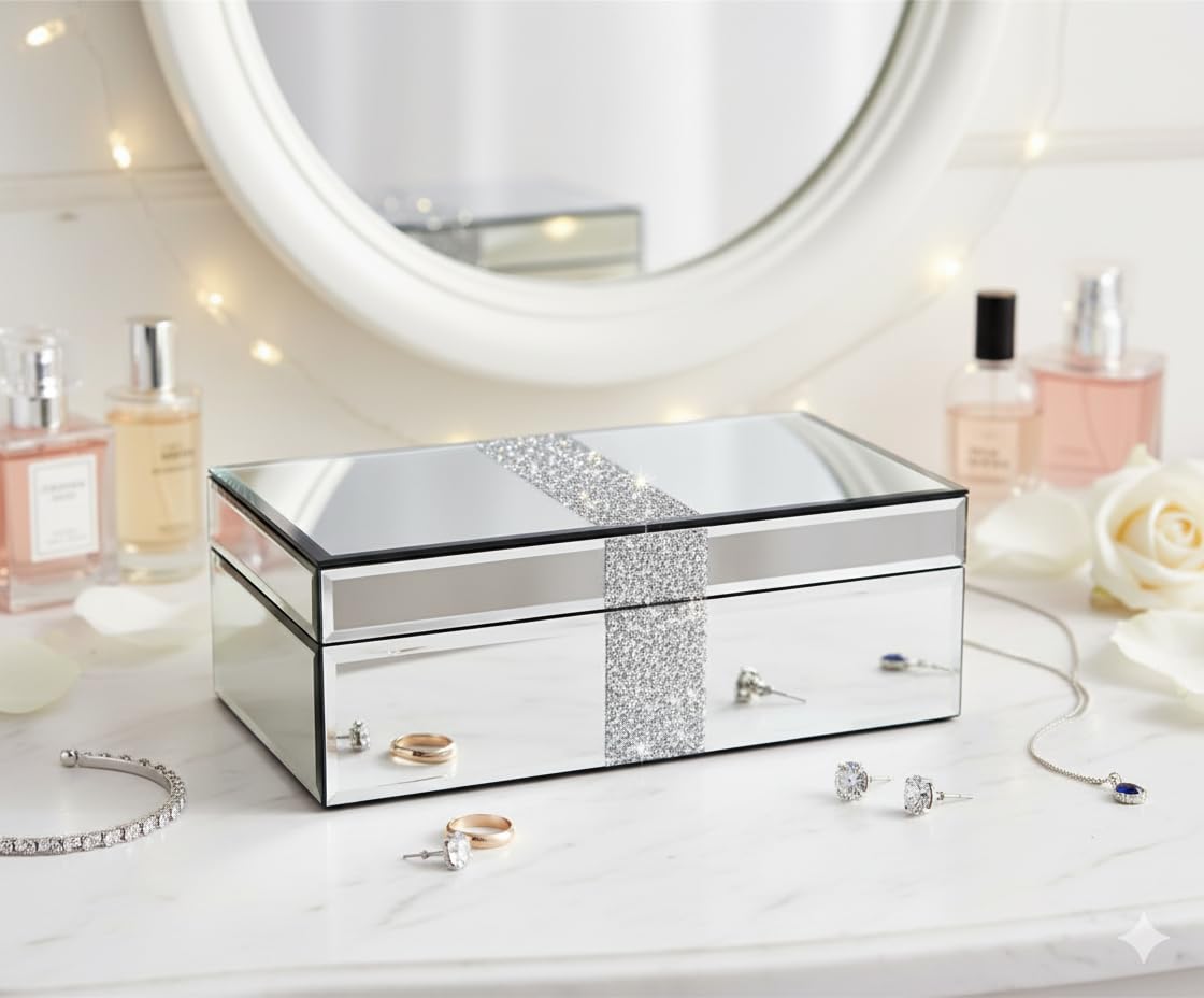 Serena's Silver ® Crushed Diamante Mirrored Glass Jewellery Box Makeup Organiser Storage Cosmetic Storage Box, Organizer Skin Care Products, Cosmetic Storage Box Gift For Birthday
