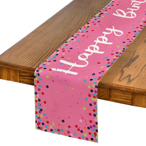 Pink Polka Dot Happy Birthday Table Runner, Seasonal Kitchen Dining Table Decoration for Home Party Decor 13x90 Inch