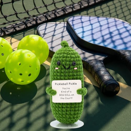 Image of Pickleball Pickle Crochet with Stand. Handmade Pickle Gift for Women, Friends, Family, Co Workers. Birthday Gifts Best Friends