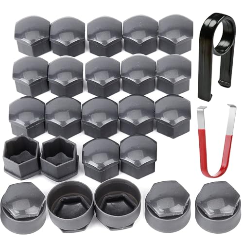 Gebildet 24pcs capuchons d'écrou de roue 17mm (5 capuchons de boulon antivol+19 capuchons de boulon normaux) cache-écrous de pneu hexagonaux avec ensemble d'outils de démontage pour voitures (gris)