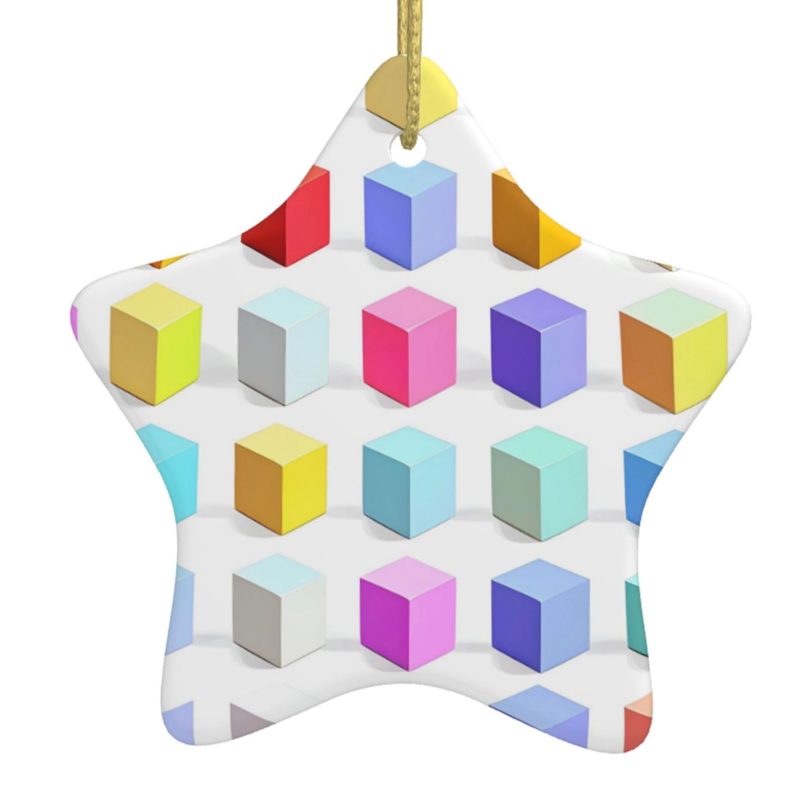 Colorful Cubes Christmas Ceramic Star Pendant with Punched Holes and Gold Wire Rope, Christmas Tree Home Decoration