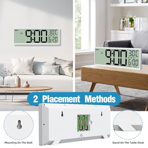 Image of XREXS 14.5 inch Digital Wall Clock Battery Operated with Big Digits LCD Screen Display, Large Display Timer with Temperature Date Week Auto DST, Alarm Clock for Classroom, Livingroom, Office