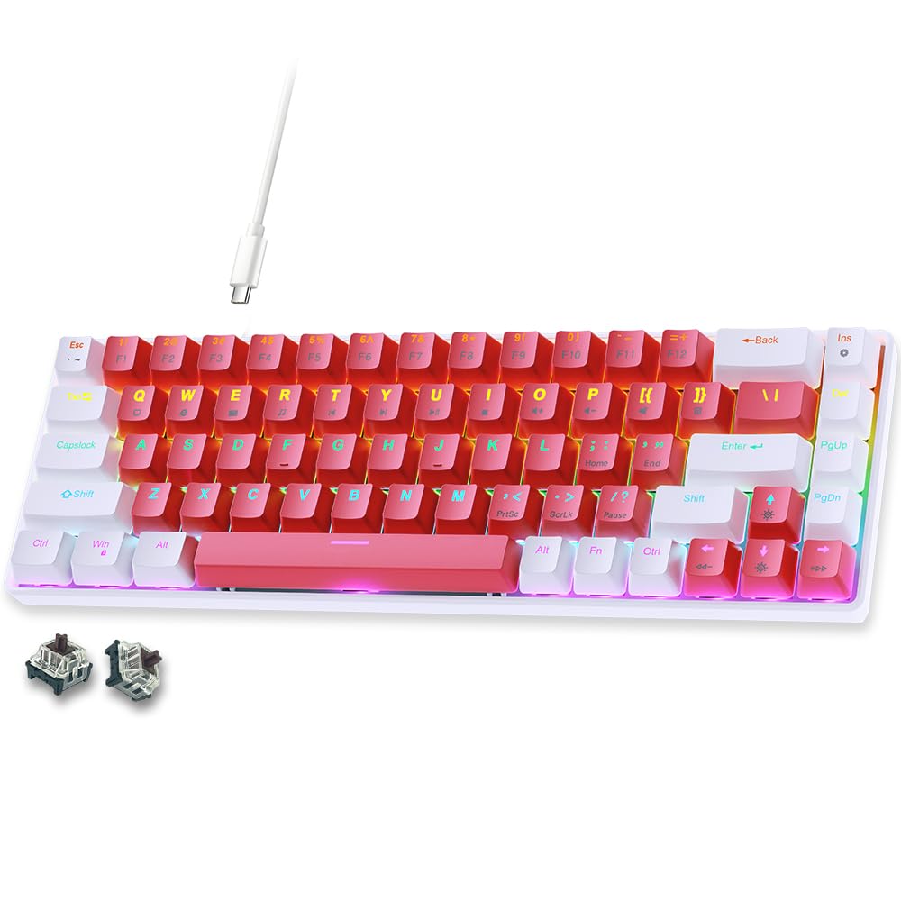 abucow 65 Wired Mechanical Keyboard 68-Key Compact Layout Full Anti-Ghosting Brown Switch Swappable White Red Keycaps for Windows