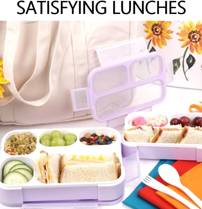 Bento Lunch-Box and Snack Container Set for Kids, 6 and 3 Compartment Boxes Leakproof School Bentos Meal Portion Control Containers BPA Free, Boys Girls Adults, Purple Lilac Large + MINI 2 pack - Image 6